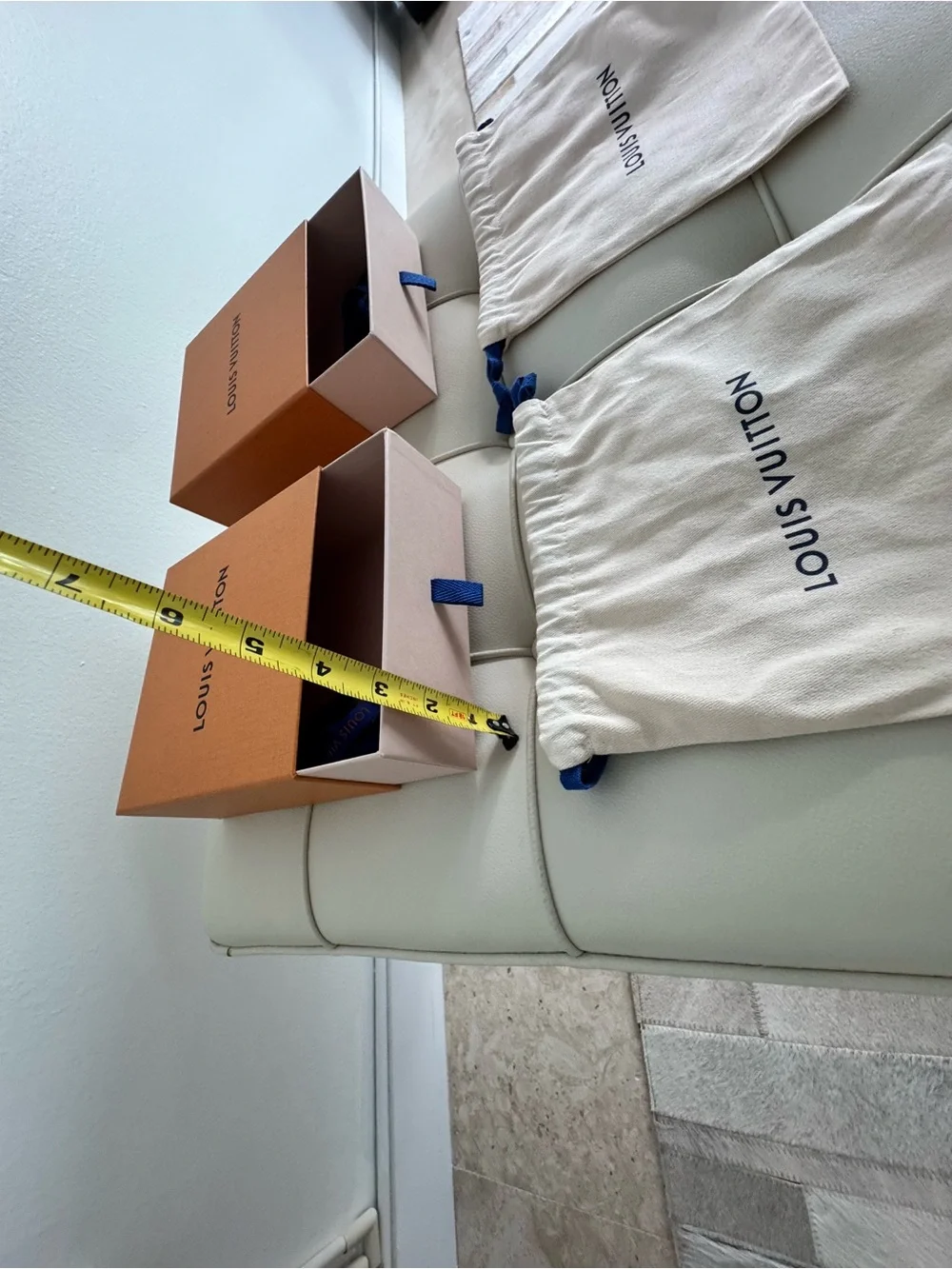 Louis Vuitton Orange Boxes with Cream Dust Bags and Blue Ribbons
